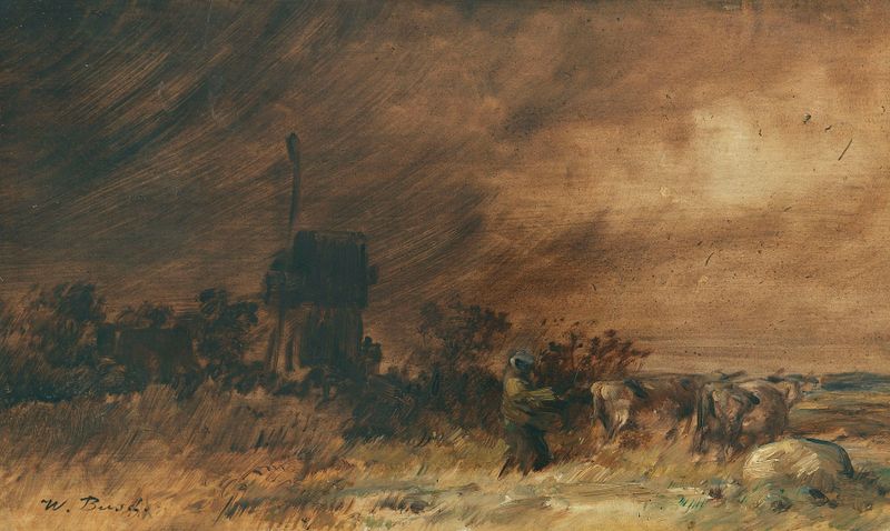 Wiedensahler Bockmühle bei aufziehendem Sturm watercolor by Wilhelm Busch depicting a mill under a stormy sky