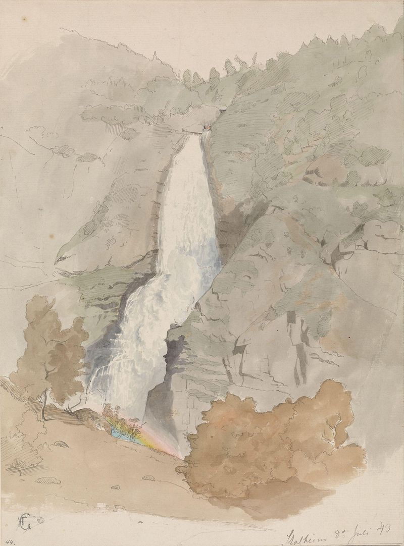 Sivlefoss de Hans Gude, óleo sobre tela representando uma cachoeira em um vale exuberante.