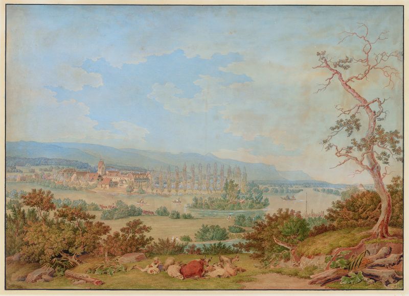 Arquitectura de un monasterio rodeado de árboles, pintura al óleo de Johann Jakob Biedermann.