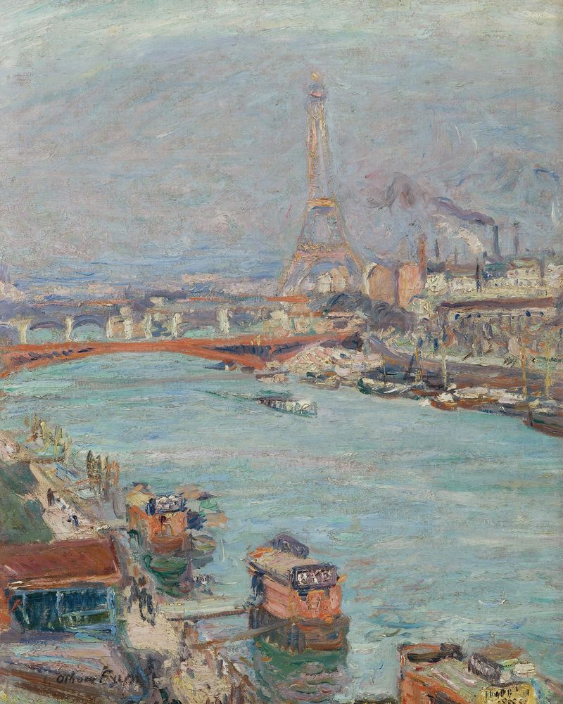 La Seine À Paris, La Tour Eiffel by Emile Othon Friesz, oil on canvas depicting the Seine River and Eiffel Tower.