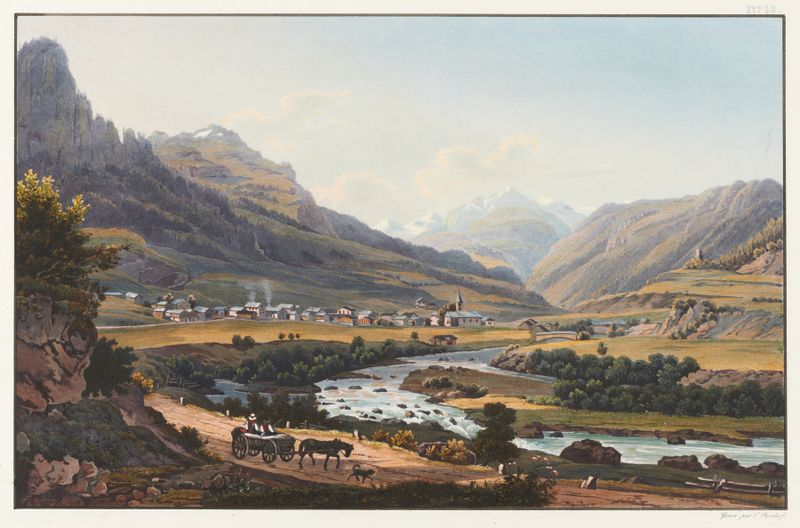 Landscape depicting a village in a valley, oil painting by Johann Ludwig Bleuler