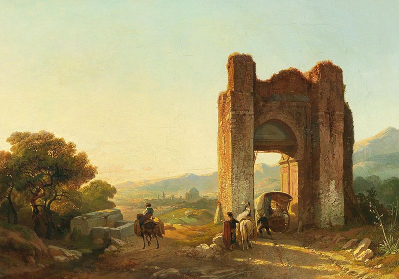 A romantic landscape with Mauritanian ruins and figures by François Antoine Bossuet, oil painting