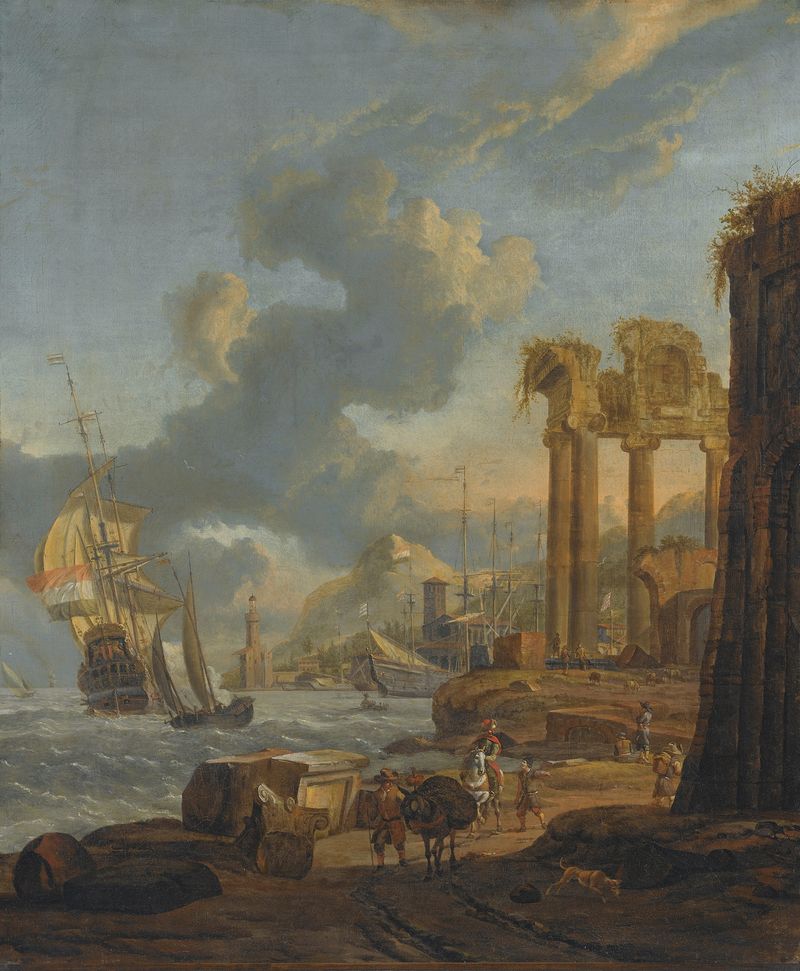 Mediterranean harbour scene with travellers and a Dutch man-of-war, oil painting by Abraham Storck.