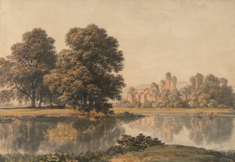 Bayham Abbey, Kent de John Glover, óleo que representa un paisaje verde y tranquilo.