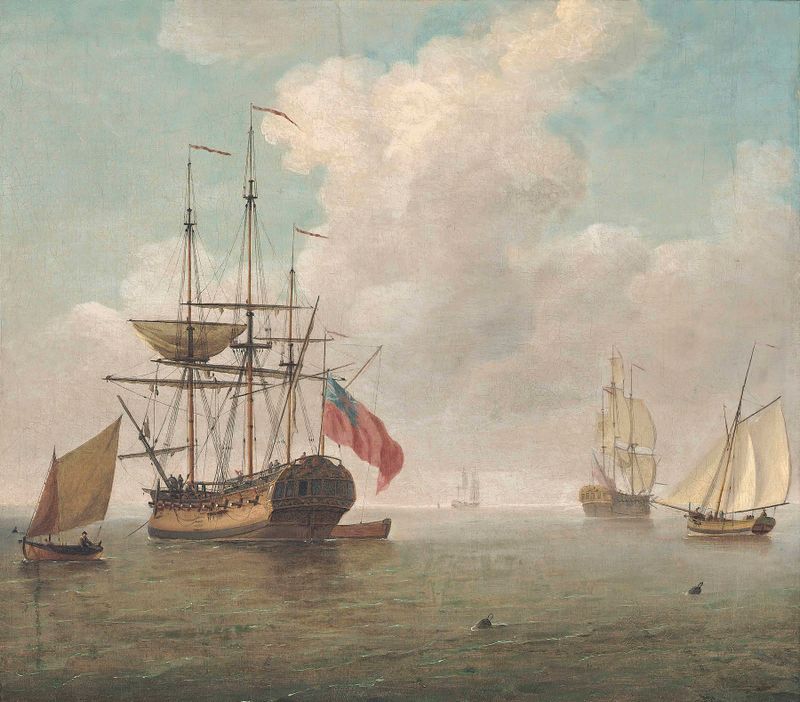 A small man-o’war at anchor with cutters under sail, oil on canvas by Charles Brooking