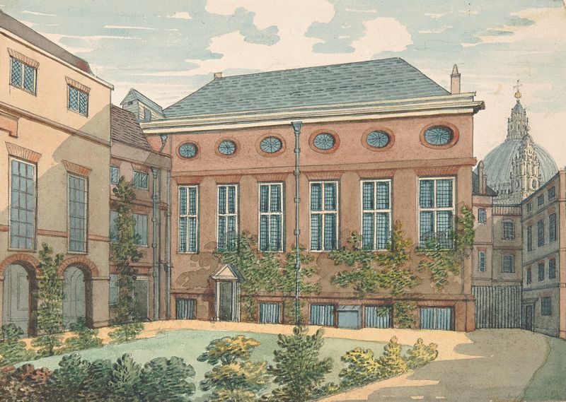 Grabado Garden Front of Stationer’s Hall de Samuel Ireland que muestra un jardín con figuras y flores.