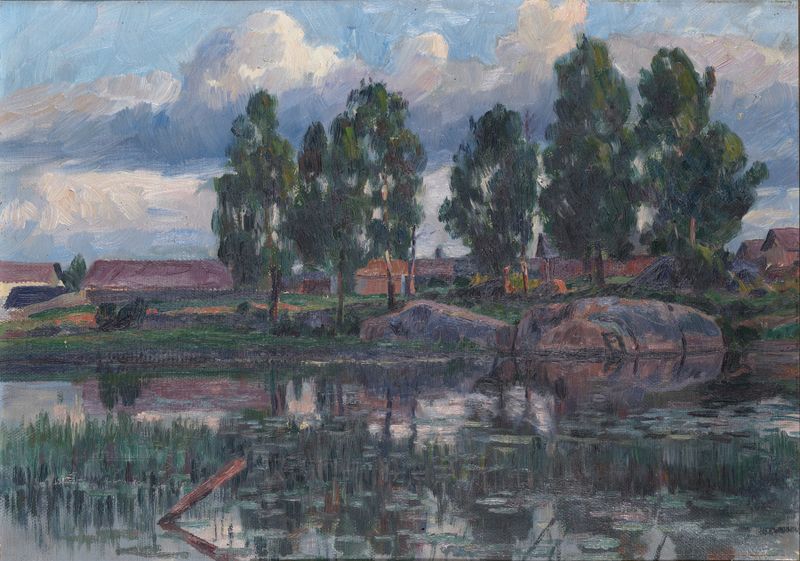 Landscape of Home Farm by Herman Norrman, depicting a rustic farmhouse and fields, oil painting