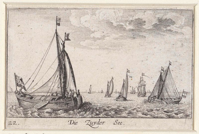 Gezicht op de Zuiderzee met zeilschepen, gravura de Wenceslaus Hollar representando barcos à vela na água.