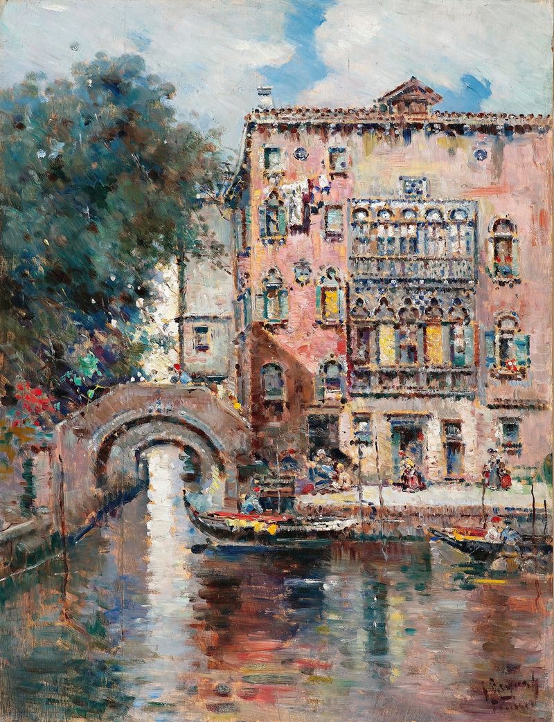 Gondeln in Venedig by Antonio María de Reyna Manescau, oil on canvas depicting gondolas on water