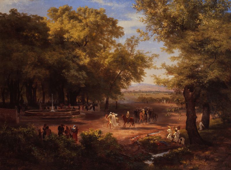 The Mexico City Alameda, oil painting by José María Velasco, depicting a lush landscape with a river.