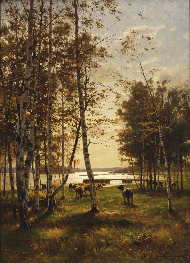 Paisagem de outono com folhas caindo, óleo sobre tela de Victor Westerholm