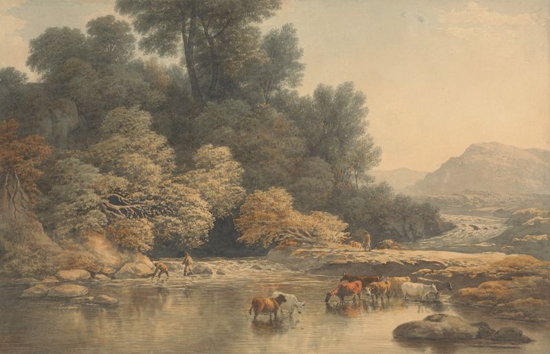 Paisaje montañoso con río y ganado, óleo sobre lienzo de John Glover