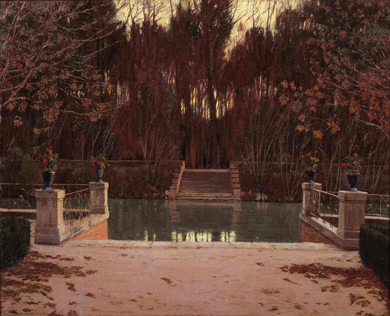 El Embarcadero de Santiago Rusiñol, que representa un muelle de madera sobre agua brillante, pintura al óleo.