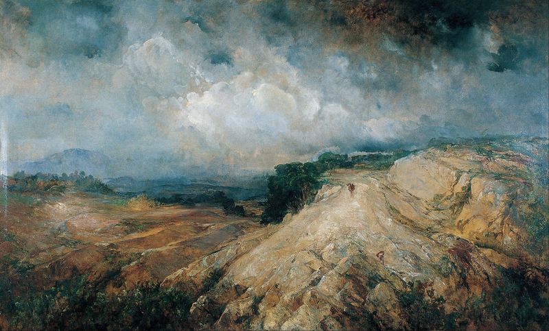 Rocky Landscape de Ramon Martí i Alsina, óleo sobre tela retratando terreno acidentado sob um céu crepuscular.
