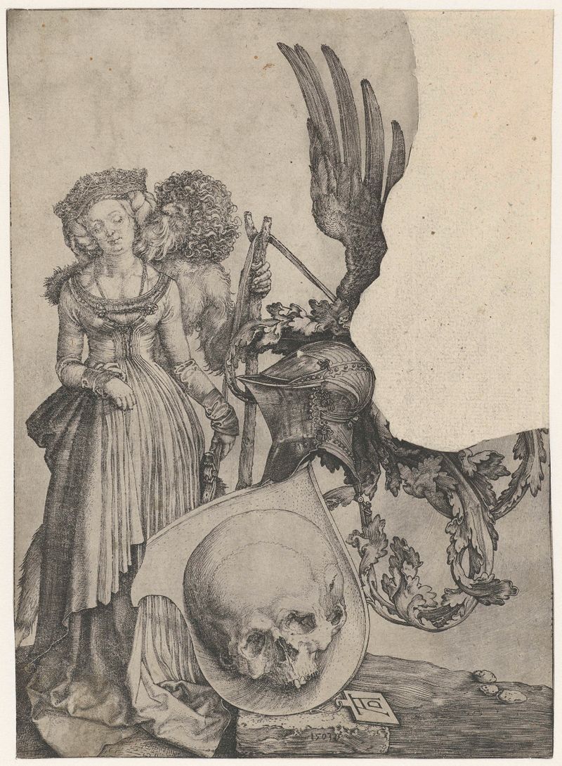 Gravura Wapenschild met vrouw en wildeman de Albrecht Dürer mostrando uma mulher e um selvagem