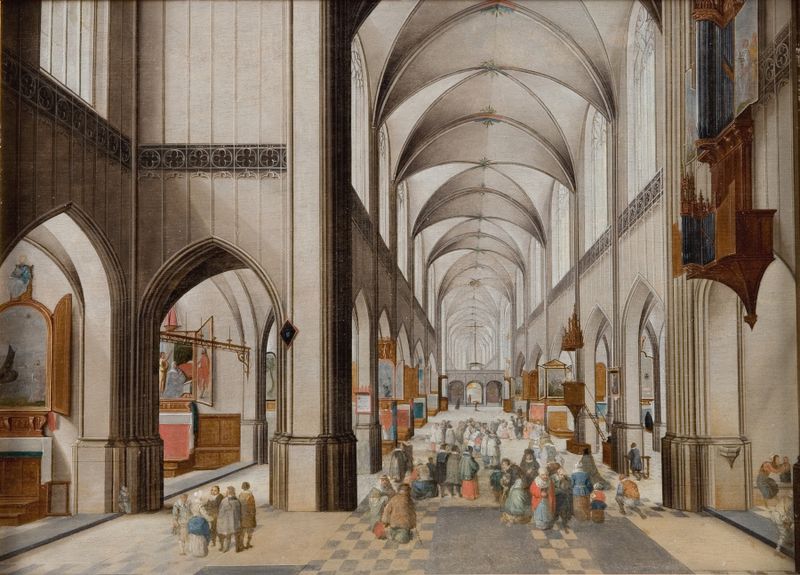 Interior de uma igreja gótica durante um sermão, óleo sobre painel de Pieter Neeffs o Velho