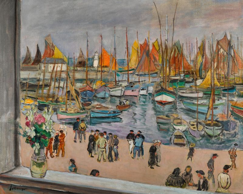 L’Île d’Yeu, fenêtre ouverte sur le port de Henri Lebasque, óleo sobre lienzo que muestra una vista serena del puerto.
