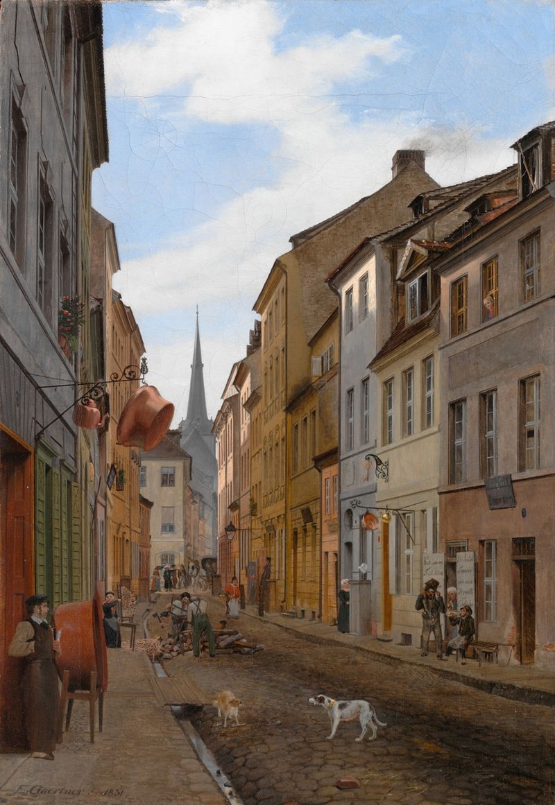 Parochialstrasse en Berlín de Eduard Gaertner, óleo de una avenida urbana.