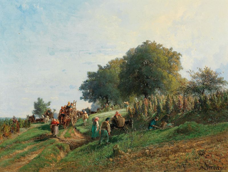 The Harvest by Alexandre René Veron, oil painting depicting workers in golden fields under sunlight.