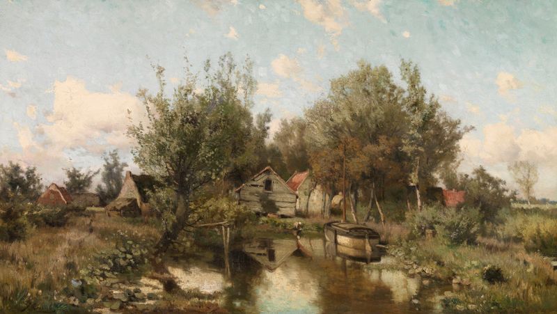 Landscape near Waasmunster by Jacques Rosseels, oil on canvas depicting hills and a serene sky.