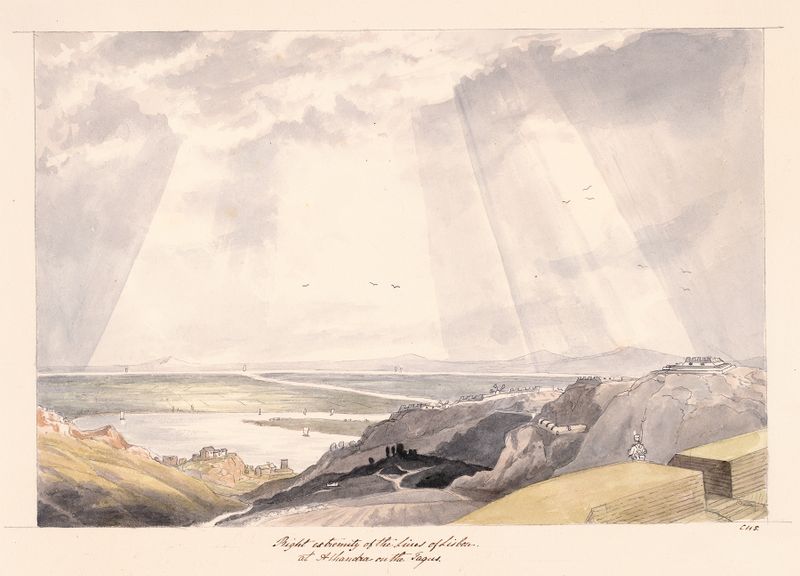 Paisaje que representa el río Tajo y el cielo de Charles Hamilton Smith, pintura al óleo