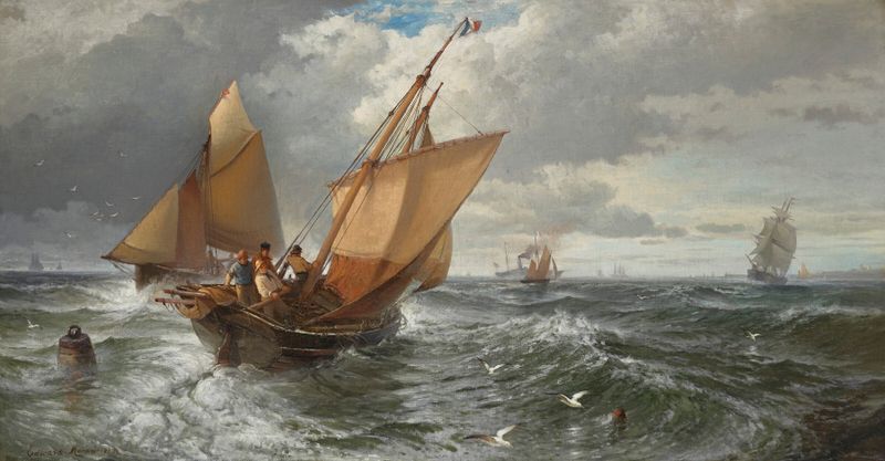 Oil on canvas by Edward Moran depicting ships on a calm sea.
