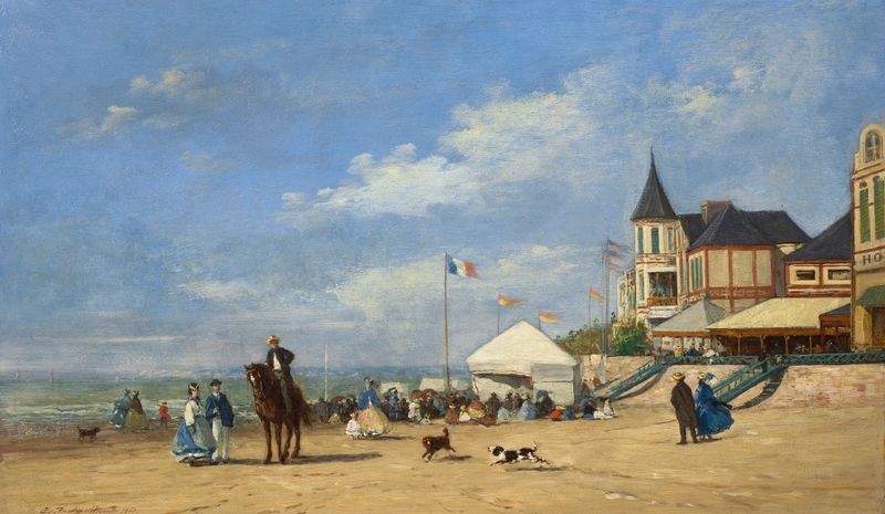 La plage de Trouville de Eugène Boudin, pintura a óleo que retrata uma praia com mar e costa.