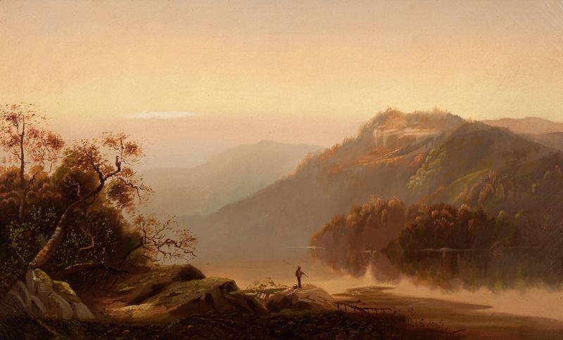 Sunset on the Hudson de Charles H. Chapin, óleo sobre lienzo que representa un río al atardecer.