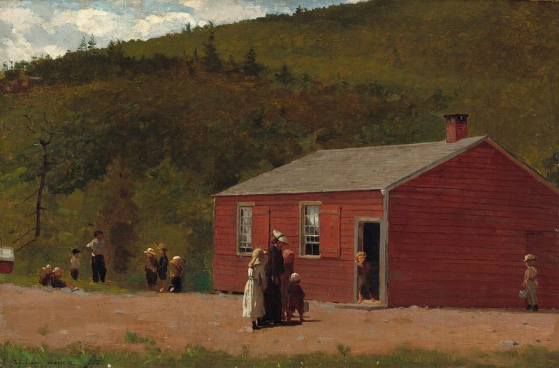 Crianças se reunindo em torno de uma professora em uma escola, óleo sobre tela de Winslow Homer