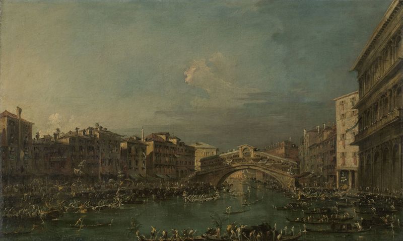 Regatta on the Grand Canal, pintura a óleo de Francesco Guardi mostrando barcos e uma multidão animada.