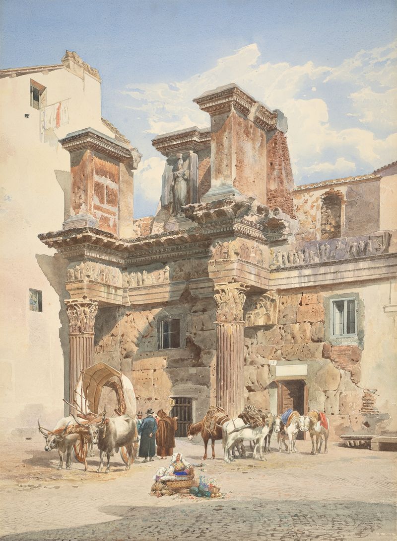 Engraving by Thomas Hartley Cromek depicting ruins of columns in Rome