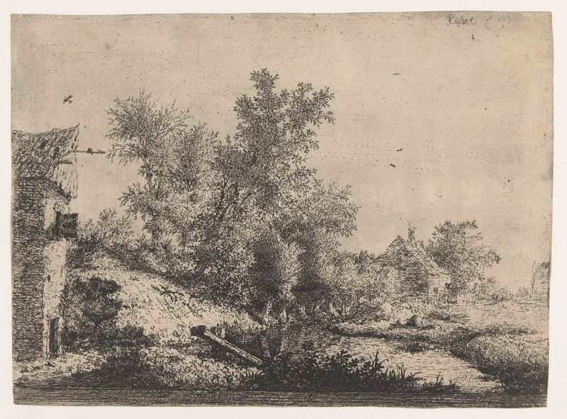 Grabado de Jacob Isaacksz van Ruisdael que muestra un río, árboles y granjas