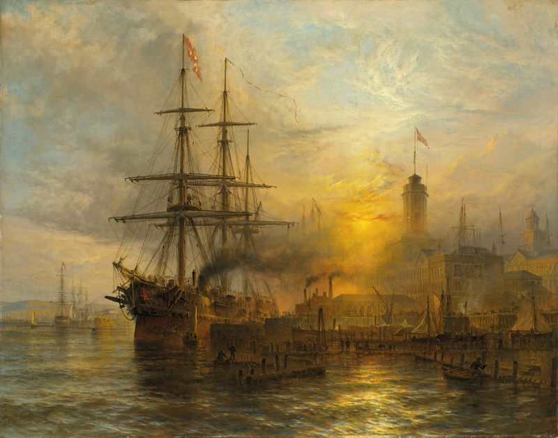 Óleo sobre lienzo de Henry Thomas Dawson que representa un vapor danés en un puerto concurrido.