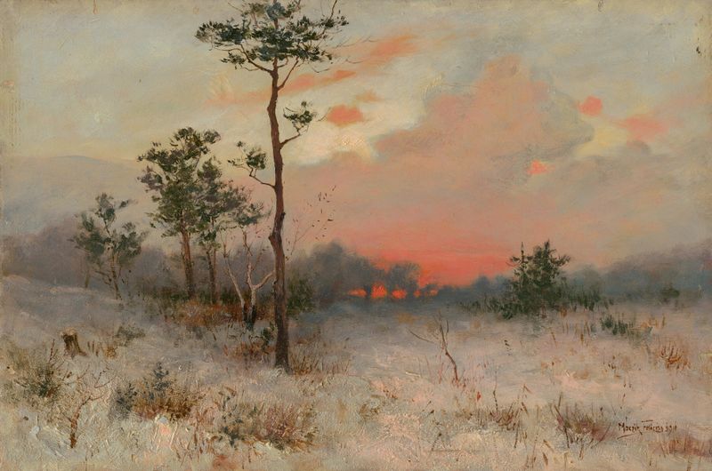 Sunset de Felicián Moczik, óleo sobre lienzo, que representa un paisaje vibrante con colores ricos.