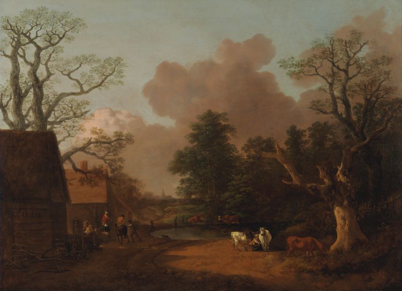 Landscape with Milkmaid, óleo sobre lienzo de Thomas Gainsborough, con una lechera en un campo iluminado por el sol.