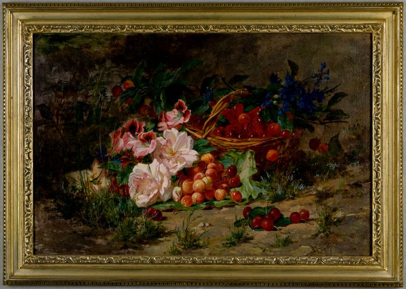 Natureza morta de flores e frutas, óleo sobre tela de Henry George Todd