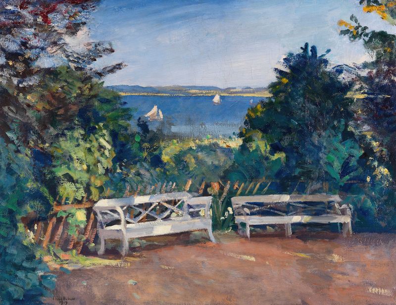 Garten in Travemünde by Ulrich Hübner, impressionism, depicting a lush garden with vibrant greens and sunlight.