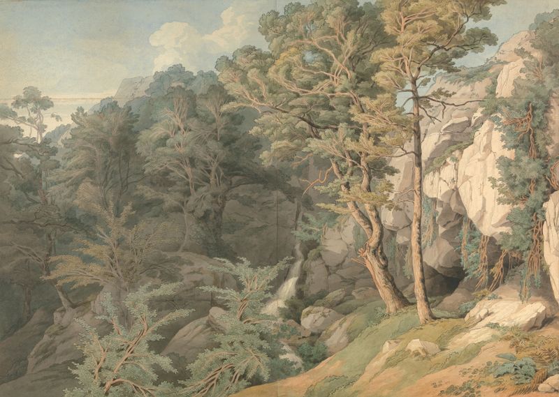 Canonteign, Devon by John White Abbott, watercolor on paper depicting a serene river and rolling hills.