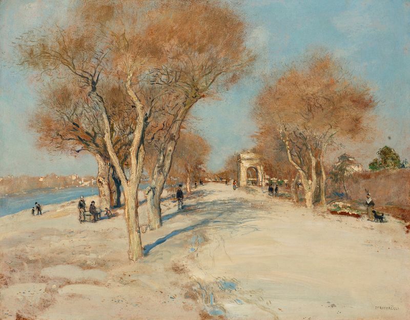 Bord de Seine; la route ensoleillée, óleo sobre tela de Jean François Raffaëlli, retratando a luz do sol no Sena.