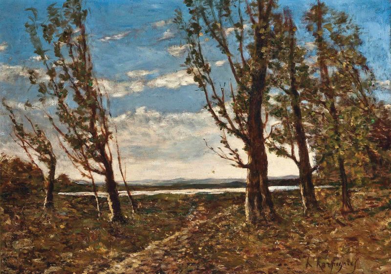 Paisagem com folhagem giratória sob um céu tempestuoso, óleo sobre tela de Henri-Joseph Harpignies