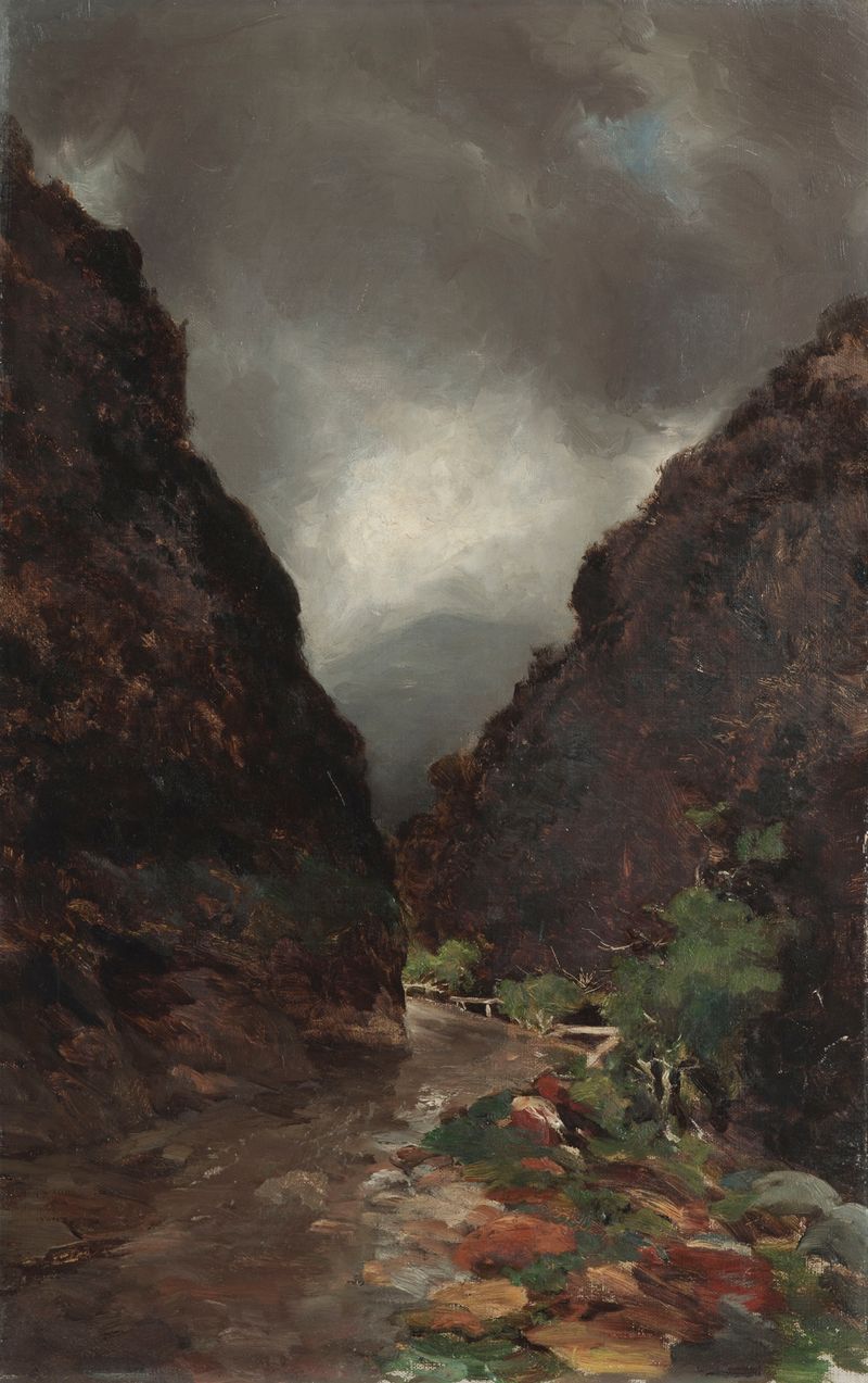 Otira Gorge by Petrus van der Velden, oil on canvas depicting cliffs and lush greenery.
