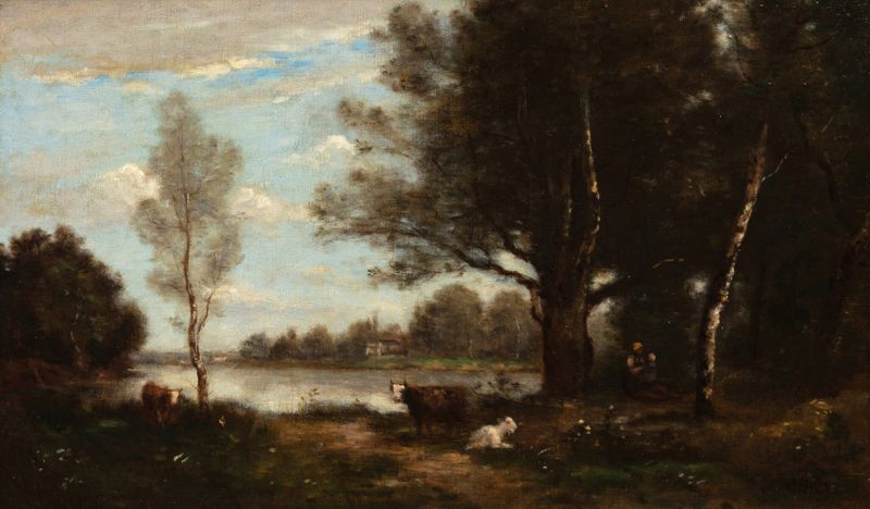 Paisagem com Vacas de Jean-Baptiste-Camille Corot, pintura a óleo de vacas pastando sob um vasto céu.