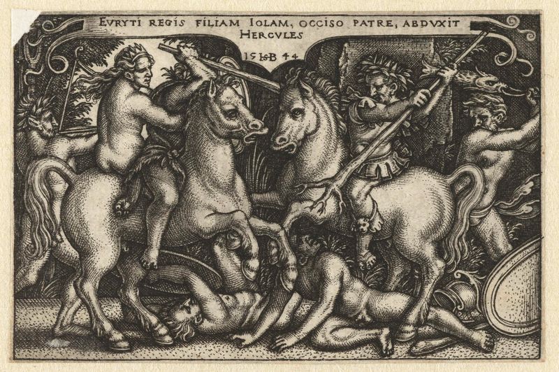Hercules ontvoert Jole, grabado de Hans Sebald Beham, que representa a Hércules y Jole en una escena mitológica.