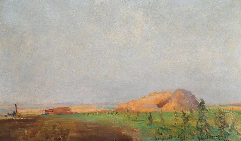 Sheaves de Leon Wyczółkowski, óleo sobre lienzo que representa campos dorados y grano.