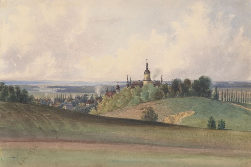Landscape view with rolling hills by Friedrich Carl von Scheidlin, oil painting