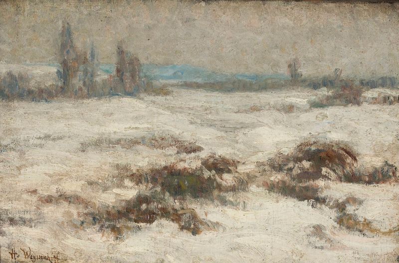 Winter landscape by Henryk Weyssenhoff, depicting snow-covered ground and trees.