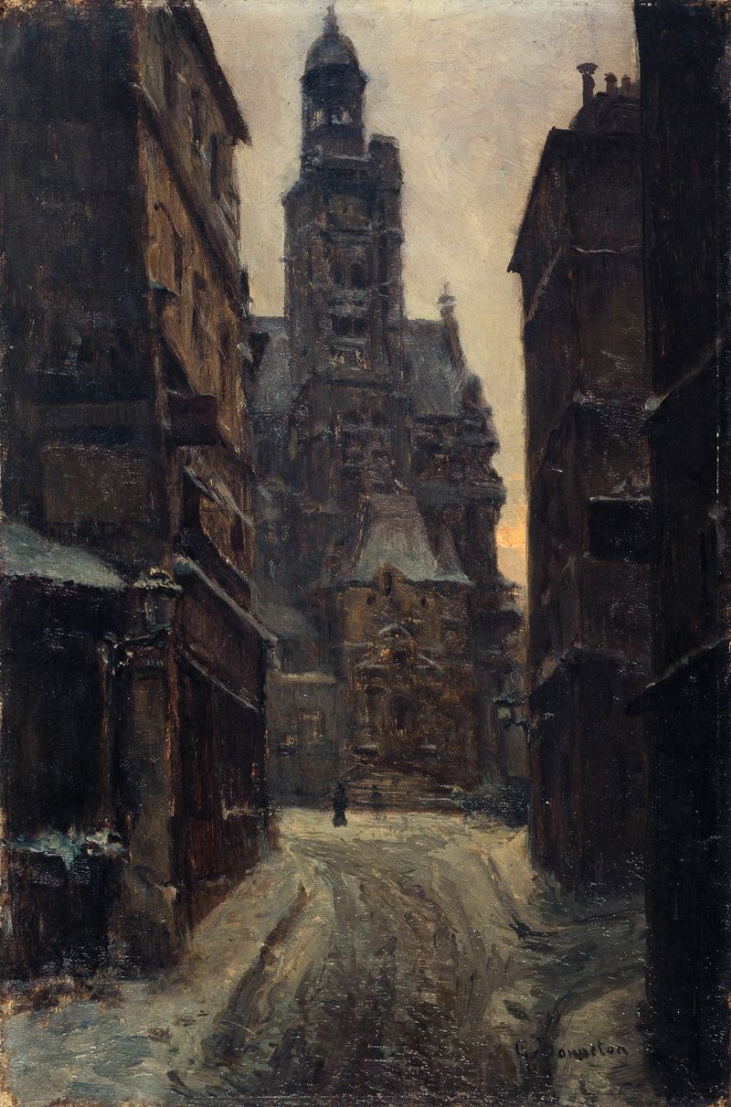 Pintura a óleo de paisagem de Germain Eugène Bonneton com uma rua de paralelepípedos e luz filtrada.