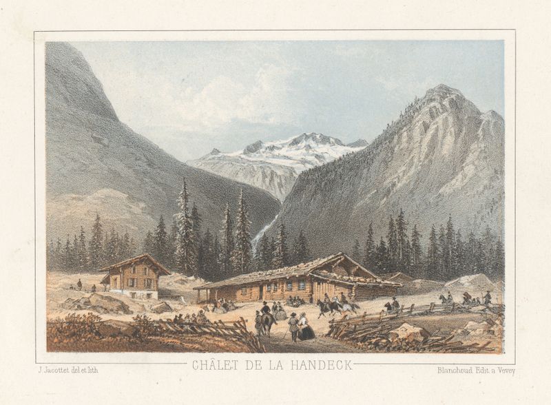 Châlet de la Handeck de Jean Jacottet, pintura al óleo que muestra un tranquilo chalet en la naturaleza.