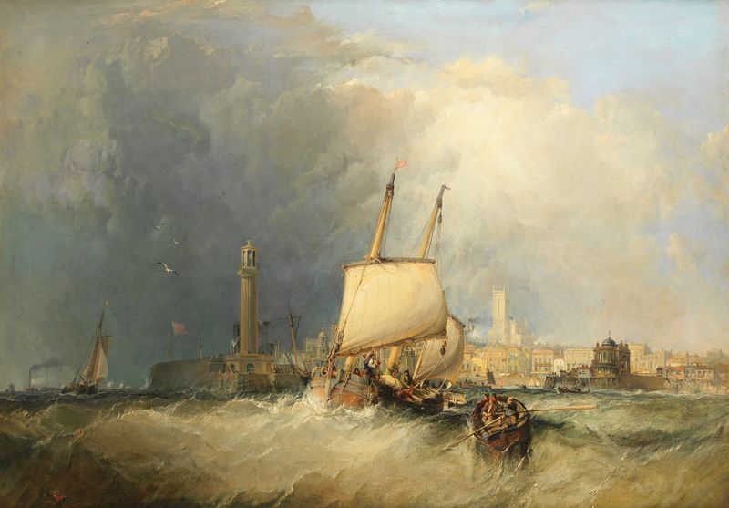 Margate de George Chambers, óleo sobre tela que retrata uma cena marinha tranquila.