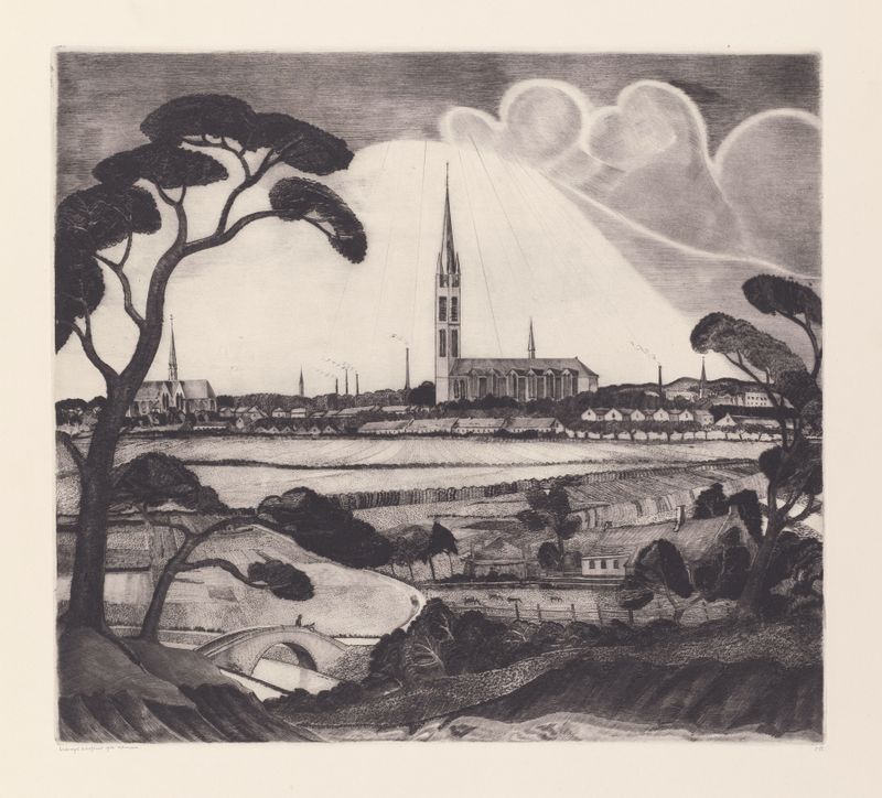 Paisagem de Lodewijk Schelfhout, óleo sobre tela representando um horizonte sereno.